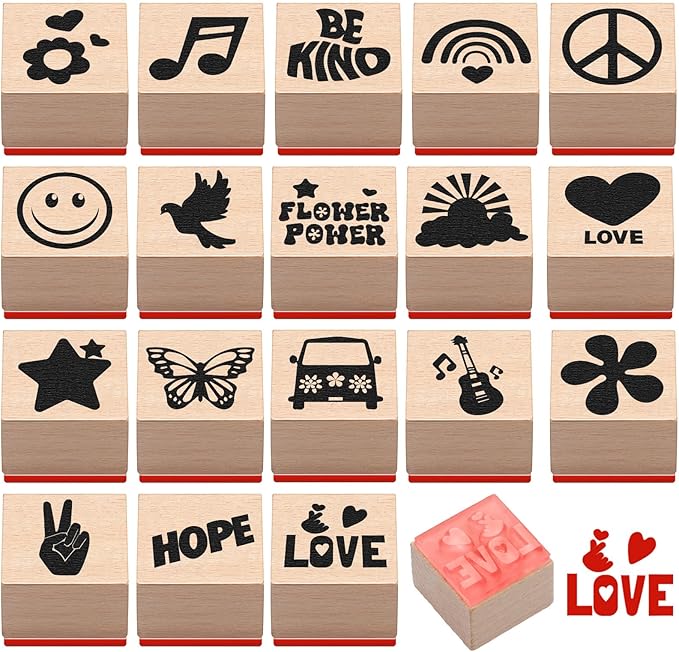 18 Pcs Peace and Love Wood Stamps Set Wooden Rubber Holiday Stamps for Card Making Decoration and Scrapbooking Supplies