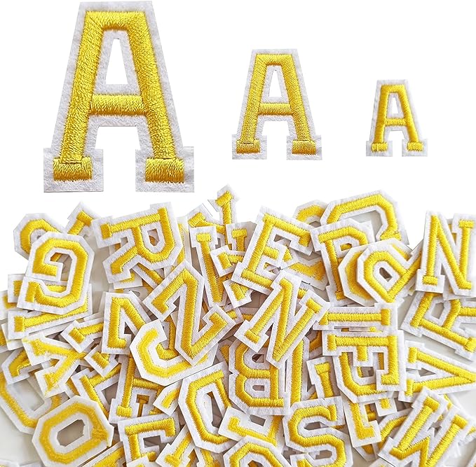 1.3 inch Iron on Letter Patches 78 Pieces, A-Z Embroidered Alphabet Patches for Clothing Jackets Hats Backpacks Jeans Yellow