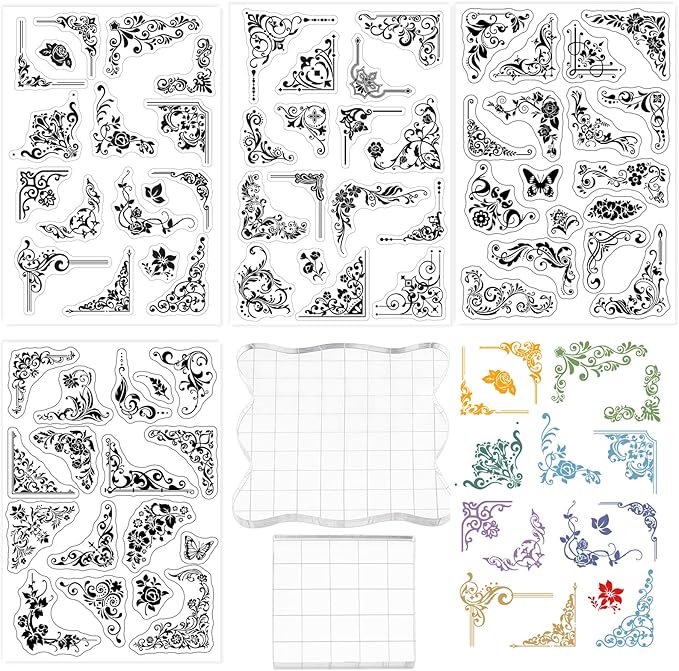 GLOBLELAND 4 Sheets Flower Corner Silicone Clear Stamps with 2 Acrylic Blocks Flowers and Plants Transparent Silicone Stamp for DIY Scrapbooking Journal Card Making
