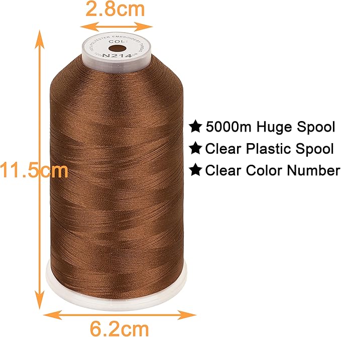 New brothread - Single Huge Spool 5000M Each Polyester Embroidery Machine Thread 40WT for Commercial and Domestic Machines - Brown (Janome Color)