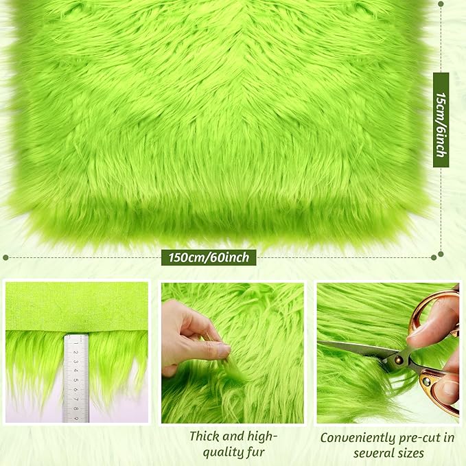Tatuo 6 x 60 Inch Green Faux Fur Fabric Halloween Fluffy Fuzzy Craft Fake Fur Cuts Shaggy Synthetic Plush Patch Sewing DIY Winter Christmas Costume Gnome Beard Miniature Dolls Rugs Mat Gift