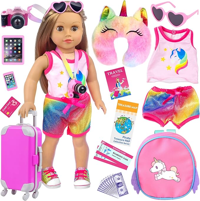 UNICORN ELEMENT 23 Pcs 18 Inch Girl Doll Accessories Suitcase Travel Set Including Clothes Suitcase Backpack Camera Tablet Cell Phone Neck Pillow Sunglasses and Other Travel Set