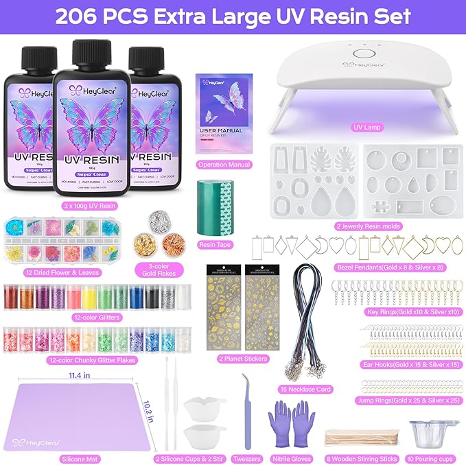UV Resin Molds Jewelry Making Kit with UV Lamp and Casting Tools -300g Super Clear, Hard, Low Odor, Premixed and Fast Curing for Keychains, Earrings, DIY Craft Decorations