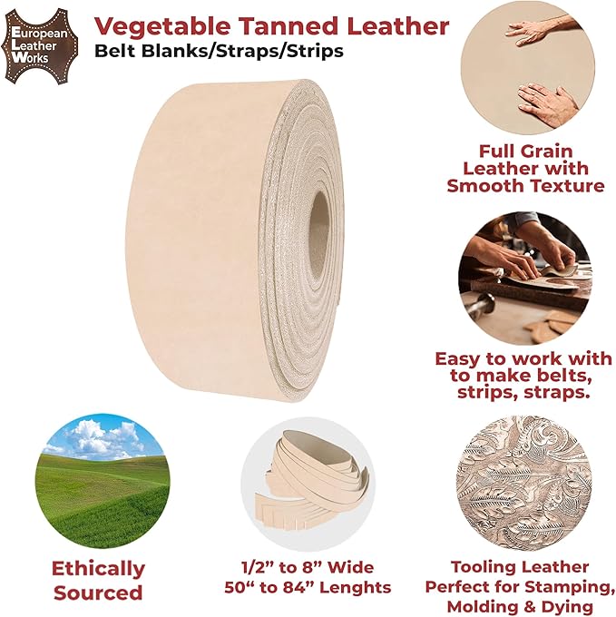 ELW Leather Strap, 4-5 Oz, 0.75 inch Wide x 60", Cowhide Veg Tan Leather Belt Blank, Leather Strips, Leather Crafting,Tooling Leather, Tan Leather Straps for Crafts, Belt Making Leather
