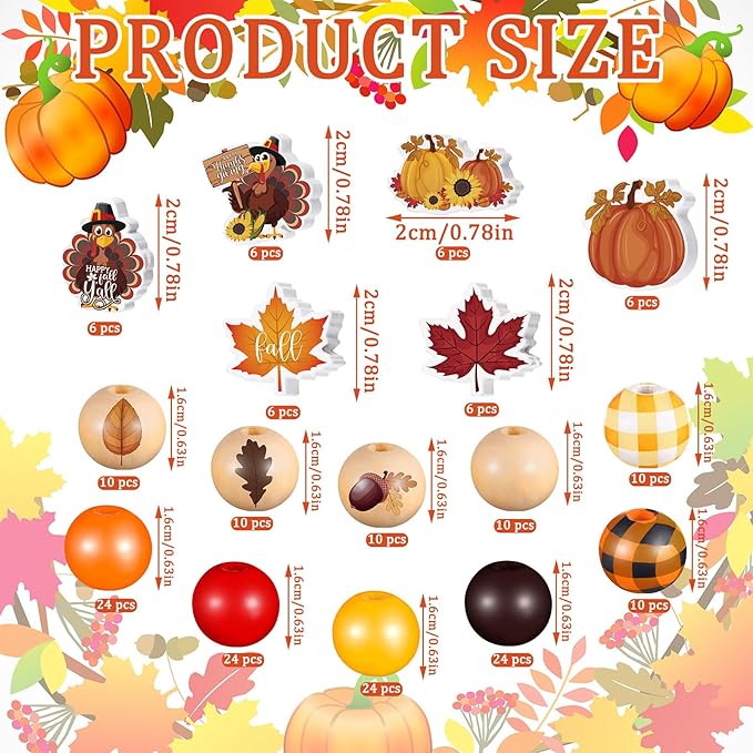 Huwena 200 Pieces Thanksgiving Wooden Beads Buffalo Plaid Wood Fall Beads Turkey Pumpkin Maple Leaf Wooden Bead Natural Round Spacer Bead for DIY Crafts Decor