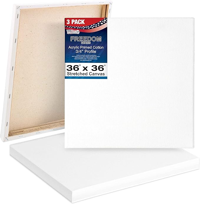 U.S. Art Supply 36 x 36 inch Stretched Canvas 12-Ounce Triple Primed, 3-Pack - Professional Artist Quality White Blank 3/4" Profile, 100% Cotton, Heavy-Weight Gesso - Acrylic Pouring, Oil Painting