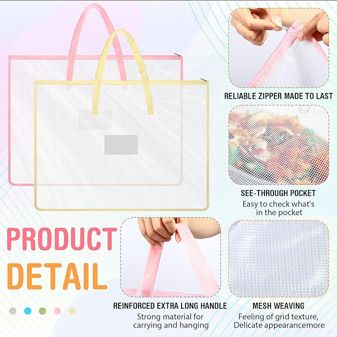 5 Pcs Boho Art Portfolio Bags 19 x 25 Inch Transparent Artwork Storage Case with Handle and Zipper Mesh Folder Organizers for Bulletin Boards Paintings Scrapbooks Posters, 5 Colors