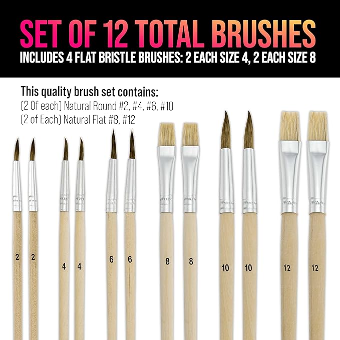 U.S. Art Supply 12-Piece Artist Paint Brush Set with 9" x 12" Wood Painting Palette - 12 Premium Round & Flat Bristle Paintbrushes - Fun Kids, Adults, Students, School Teachers, Beginners, Starter Kit