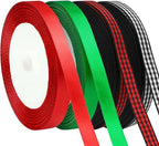 DECYOOL 4 Rolls 100 Yards Christmas Satin Ribbons 10mm Wide Holiday Craft Ribbons for Gift Wrapping and Xmas Decoration, Red & Green & Red Black Plaid & Black White Plaid