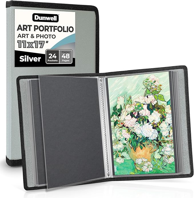 Dunwell 11x17 Art Portfolio Binder with Black Mounting Paper (Silver), Large Portfolio Folder for Artwork Storage, 24 Clear Plastic Sleeves, Displays 48 Pages, Acid-Free Poly 11 x 17 Presentation Book