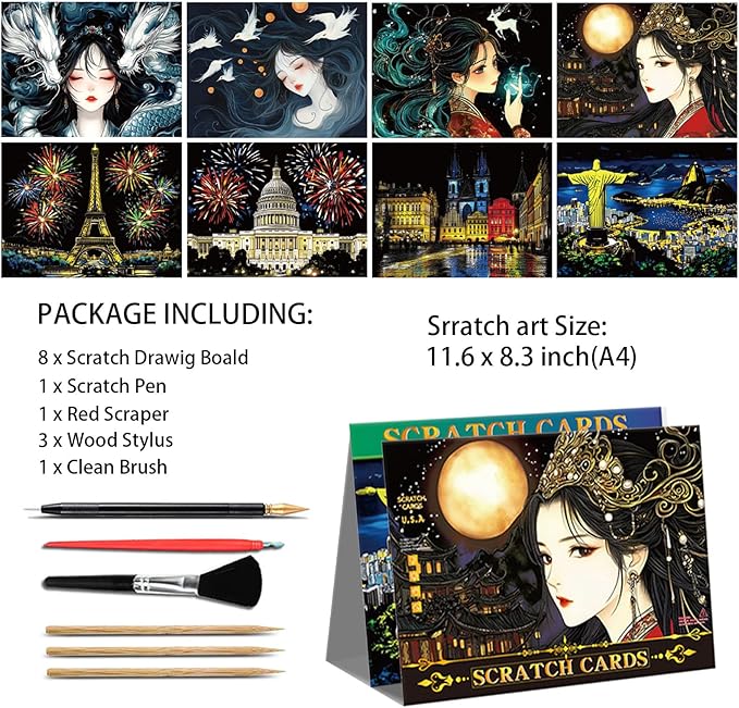 Iskueal Scratch Art Painting Set for Adults – 8 Sheets A4 Rainbow Scratch Paper,Night Scene Engraving Art Kit Creative Craft Art Set for Craft Enthusiasts (Brazilian Statue/Person)