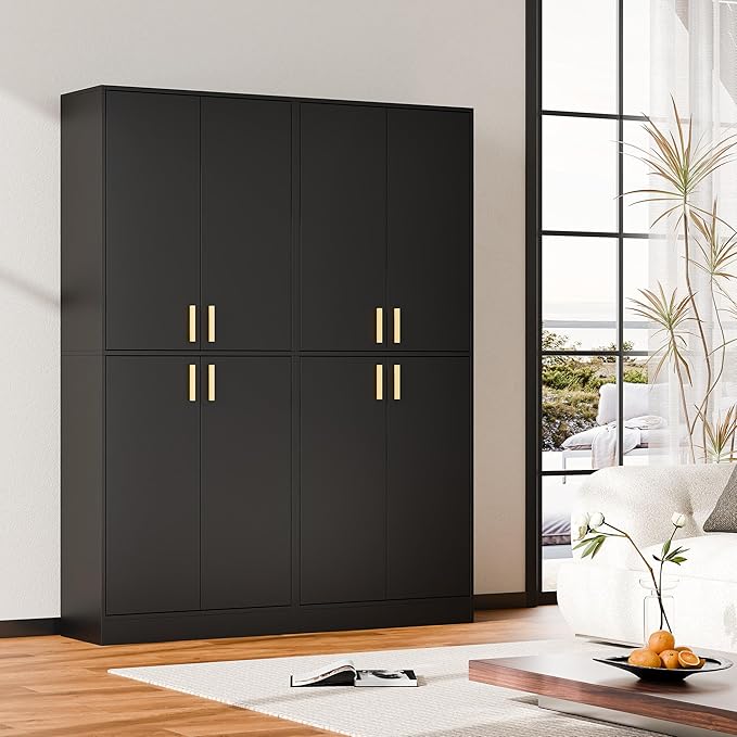 Cozy Castle Kitchen Pantry Cabinet, 71" Tall Wood Storage Cabinet with Doors and Shelves 4 Doors Freestanding Cupboard for Dining Room Living Room Bathroom Furniture, Black