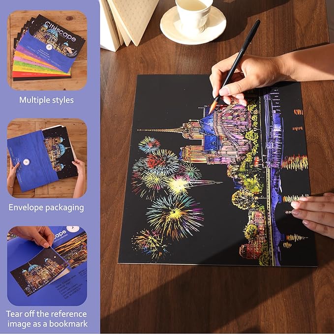 Scratch Art for Adults-Scratch Painting Craft Kit (4 Sheets 16x11 in)|Foil Engraving Art Set|Stress Relief Gift for Travel Lovers,Craft Lovers|Creative Scratch Art Home Decor(City Scape 4)