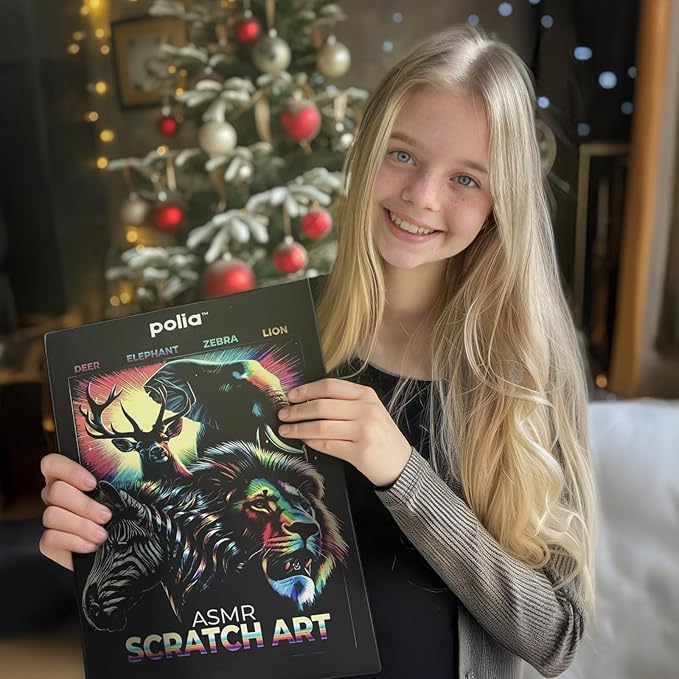 Polia ASMR Glitter Scratch Art Set (Satisfying) 5-Pack Canvas (4 Animals, 1 Freestyle, 1 Toolkit) - Art Supplies, Tools & Repair Pen - Large 16x11 inches - Relaxing Etch Sound Art Kit