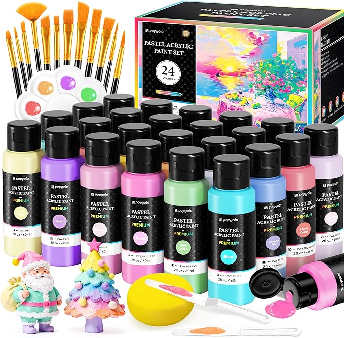 40 PCS Pastel Acrylic Paint Set with 12 Brushes, 2 Knives & Palette, 24 Colors (2oz/60ml) Art Craft Paint for Adults Kids Artists Beginners, Canvas Ceramic Rocks Wood Painting Kit Art Supplies