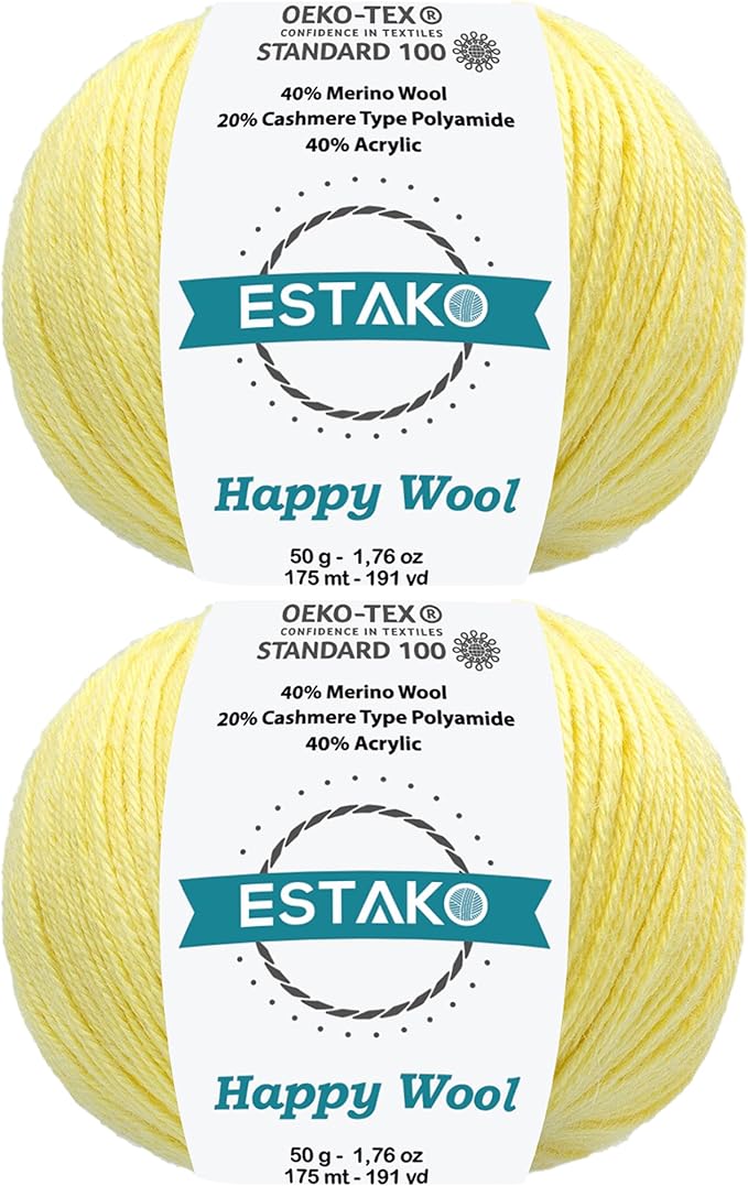 Estako Happy Wool (2 Skeins Pack) 40% Merino Wool 20% Cashmere Type Polyamide 40% Acyrlic Fingering Weight Soft Knitting and Crochet Yarn (2 x 1.76 oz) (2 x 191 yds) (8033 - Lemon)