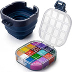 DUGATO Airtight Watercolor Palette Box (16-Well) with Lid & Collapsible Brush Basin - Portable Paint Saver for Acrylic, Gouache, Oil - Travel Art Supplies (Blue)