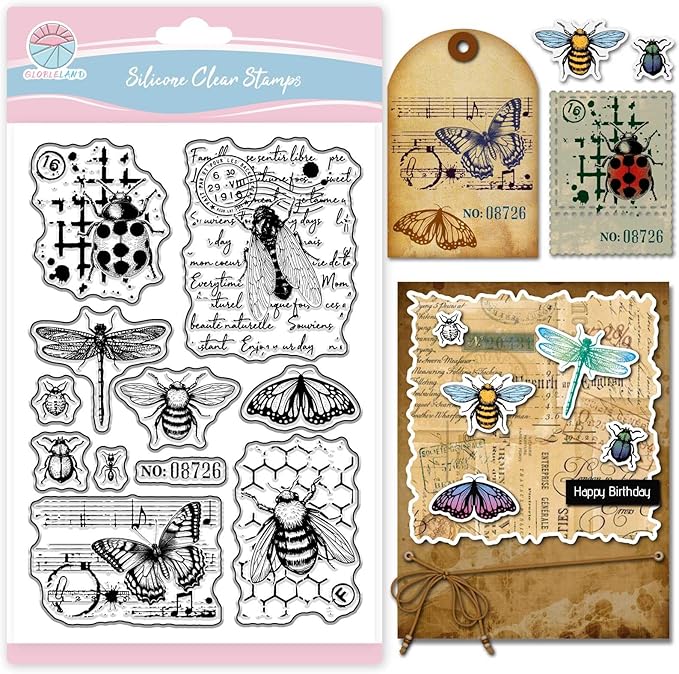 GLOBLELAND Vintage Insect Clear Stamps for Scrapbooking Butterfly Bee Silicone Stamps Dragonfly Beetle Background Transparent Stamp for Card Making DIY Embossing Journaling