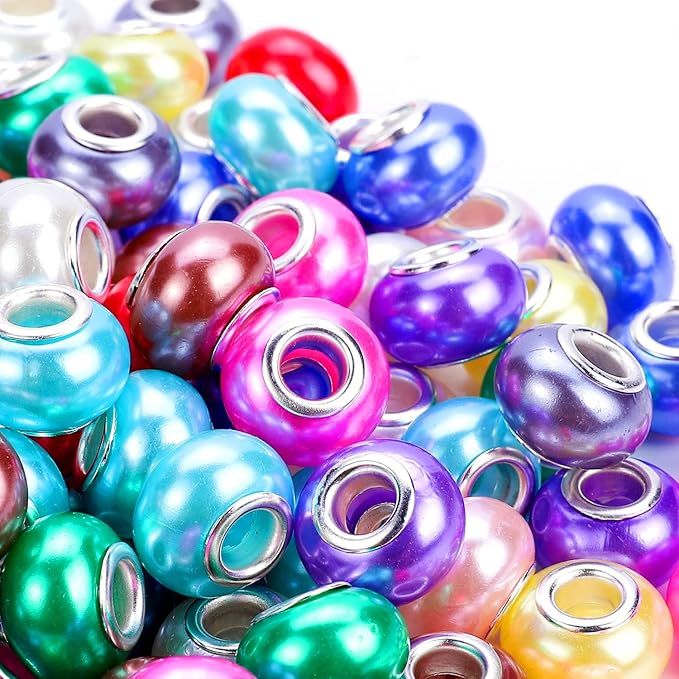 100 Pieces 14mm European Large Hole Spacer Beads Mix Color with Silver Brass Cores Assortments Charm Lampwork Beads Supplies for Necklace Bracelets Jewelry Making (Imitation Pearls)