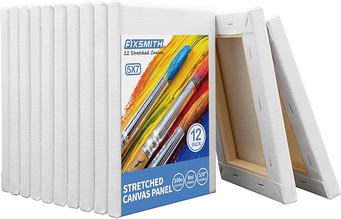 FIXSMITH Stretched White Blank Canvas- 5x7 Inch,Bulk Pack of 12,Primed,100% Cotton,5/8 Inch Profile of Super Value Pack for Acrylics,Oils & Other Painting Media.