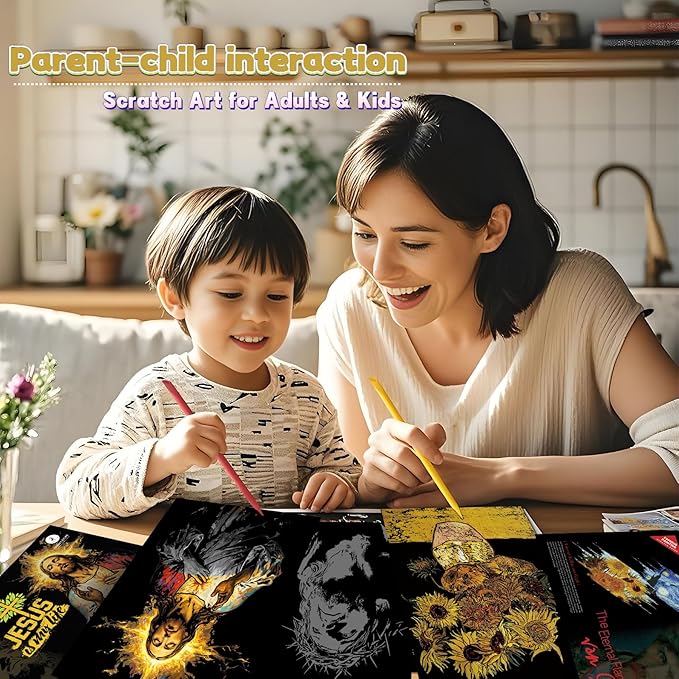 Scratch Paper Art for Adults-Scratch Painting Craft Kit (8 Sheets 16x11 in)|Foil Engraving Art Set|Stress Relief Gift for Travel Lovers,Craft Lovers|Creative Scratch Art Home Decor(Famous Painting)