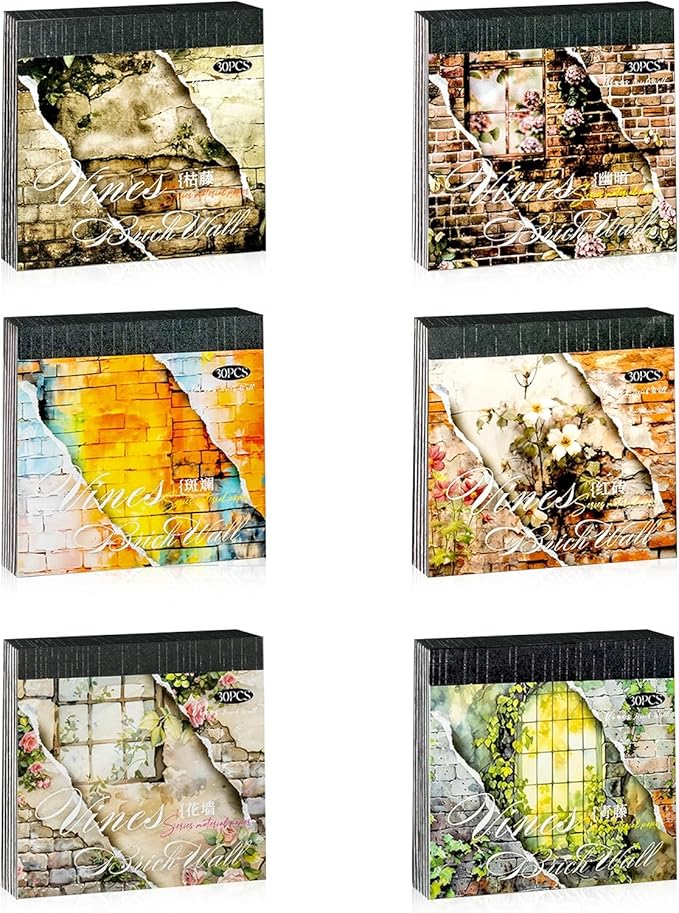 6 Small Scrapbook Sticker Books for Scrapbooking, 180 Sheets Retro Brick Wall Collage Materials- Paper PET Washi Stickers for Journaling, Junk Journal Supplies, Collage, Crafts
