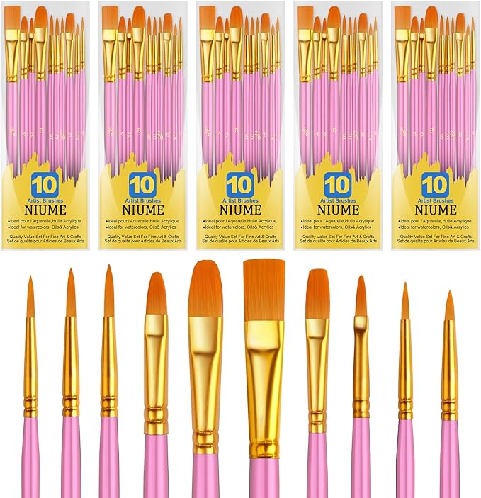 Acrylic Paint Brushes Set, 50Pcs Round Pointed Tip Artist Paintbrushes for Acrylic Painting Oil Watercolor Canvas Boards Rock Body Face Nail Art, Halloween Pumpkin Ceramic Crafts Supplies，Pink