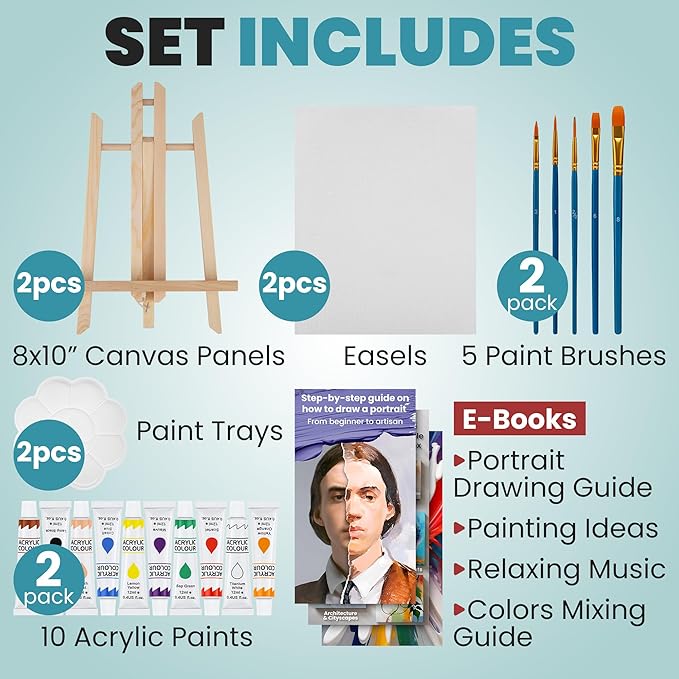 CraftyCrocodile Set of 2 Painting Kits for Adults and Couples - Sip and Paint Kit for Date Night and Crafts - Acrylic Painting Kit with Canvas Boards and Easels - Couple Art Set for Starters