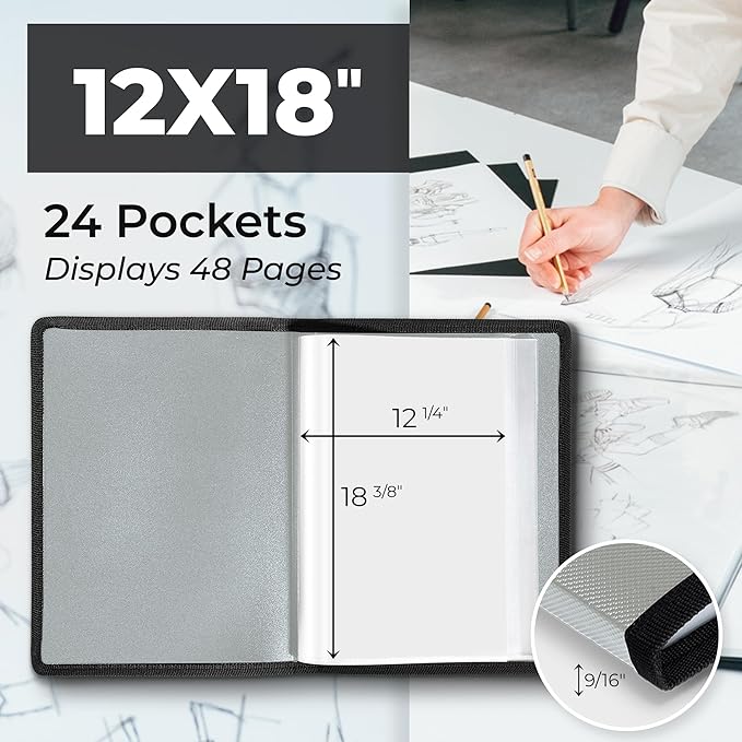 Dunwell 12x18 Art Portfolio Binder with Mounting Paper (Silver), Large Portfolio Folder for Artwork Storage, 24 Clear Sleeves Display 48 Pages, Acid-Free Poly 12 x 18 Presentation Book