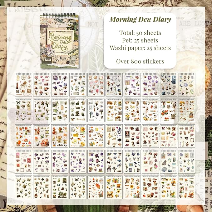 WCCH Vintage Scrapbook Sticker Supplies, 25 Sheets PET and 25 Sheets Washi Stickers, Over 800 Self-Adhesive Pre-Cut Stickers for Junk Journal, Bujo, Collage, Adult Crafts Arts, Letters DIY