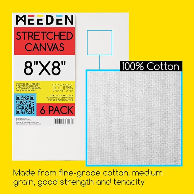 MEEDEN Stretched Canvas, 8 × 8 Inch, Pack of 6, Blank White Canvases for Painting, 100% Cotton, 8 oz Gesso-Primed, Pre-Stretched Canvas for Acrylic Oil Pouring & Airbrushing Painting
