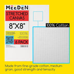 MEEDEN Stretched Canvas, 8 × 8 Inch, Pack of 6, Blank White Canvases for Painting, 100% Cotton, 8 oz Gesso-Primed, Pre-Stretched Canvas for Acrylic Oil Pouring & Airbrushing Painting