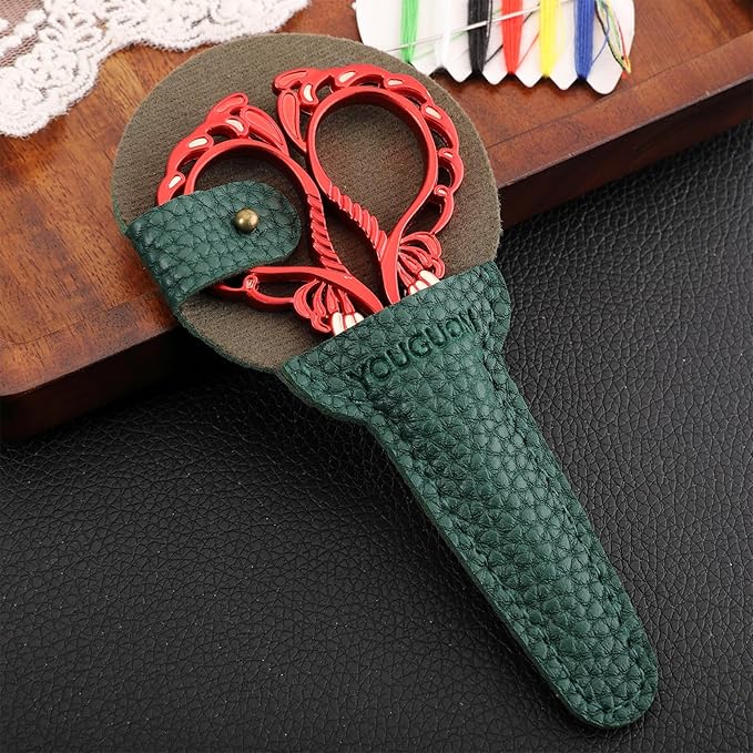 Little Sewing Scissors with Cover Sharp Detail Scissor for Craft Embroidery Needlework Threading Snips, Small Cross Stitch Shears Golden Red