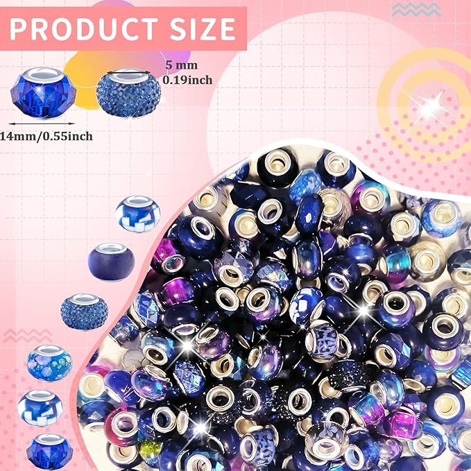 Large Hole Beads Spacer Beads Dark Blue Assorted European Craft Big Beads Large Hole Lampwork Murano Bead Fairy Wand Garden Beads for DIY Bracelet Necklace Earring Jewelry Making Decoration Supplies