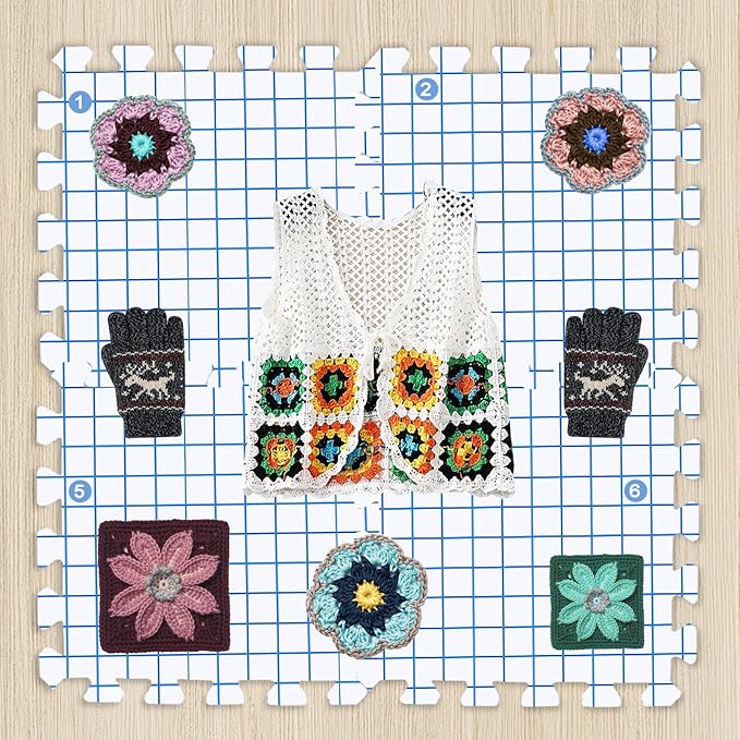 MEVOME Blocking Mats for Knitting 200 T-pins 100 Locking Stitch Markers, Extra Thick Block Boards Crochet Projects Grid Lines Needlepoint Knit Crocheting, 9 Foam Interlocking Mat Storage Bag (White)