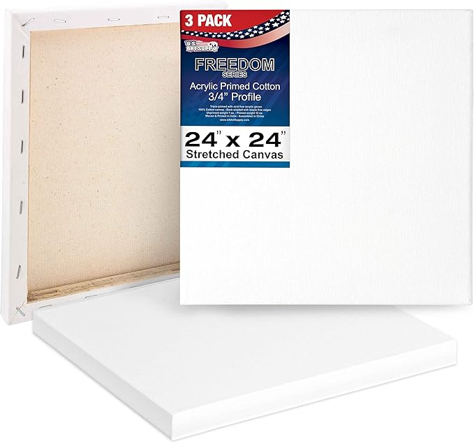 U.S. Art Supply 24 x 24 inch Stretched Canvas 12-Ounce Triple Primed, 3-Pack - Professional Artist Quality White Blank 3/4" Profile, 100% Cotton, Heavy-Weight Gesso - Acrylic Pouring, Oil Painting