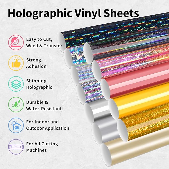 TECKWRAP Holographic Permanent Vinyl Bundle, 12" x 10" 12 Sheets Rose Gold, Gold and Silver Permanent Adhesive Vinyl for DIY Sticker, Home and Car Decor,