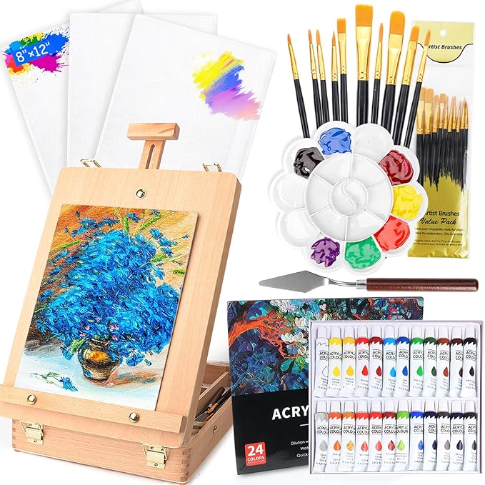 WOWOSS Tabletop Art Easel Box Set, 40PCS Painting Kit for Adult Artists & Beginners, Easel Stand with 24 Acrylic Paints, 3 Canvas Panels, Brushes, for Indoor & Outdoor Use, Painting & Sketching