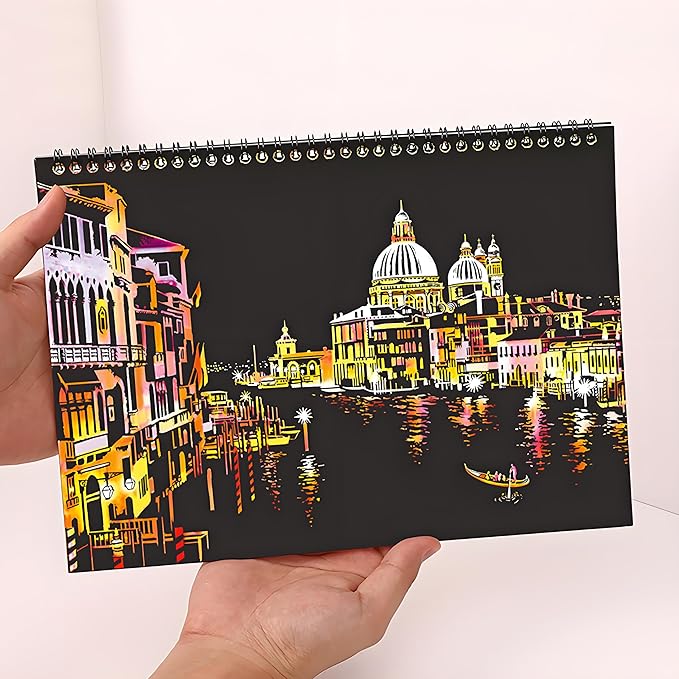 Scratch Art Book(A4-10Page) for Adults & Teens – ASMR Stress-Relieving Scratch Off Art | Paint by Scratch Kit Set | Travel Landmarks & Engraving Art | Creative Gift for Adults (Colorful City Series A)