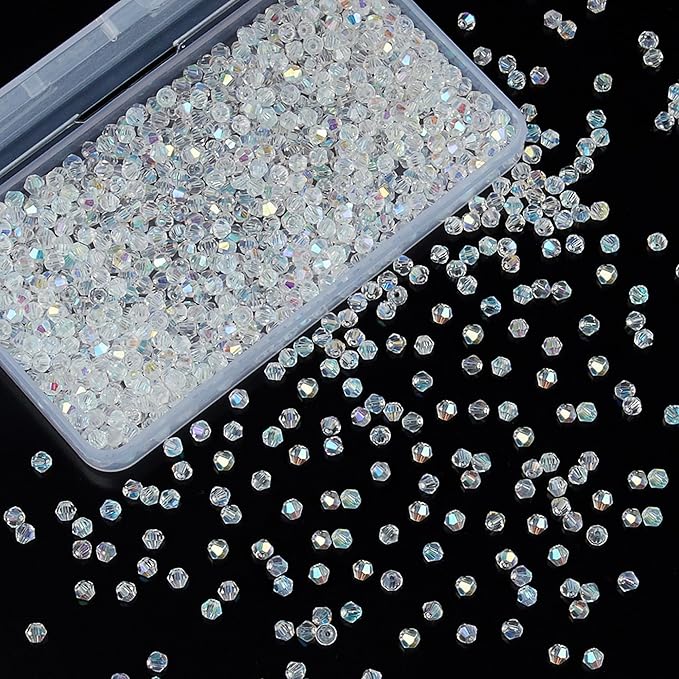 1100PCS 4mm Bicone Crystal Glass Beads for Jewelry Making, Sparkling Mini Beads for Suncatchers, DIY Bracelets & Craft Projects (AB White)