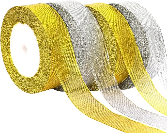 DECYOOL 4 Rolls 100 Yards Christmas Ribbons 1 Inch Wide Holiday Metallic Glitter Ribbons for Gift Wrapping and DIY Craft, Gold & Silver