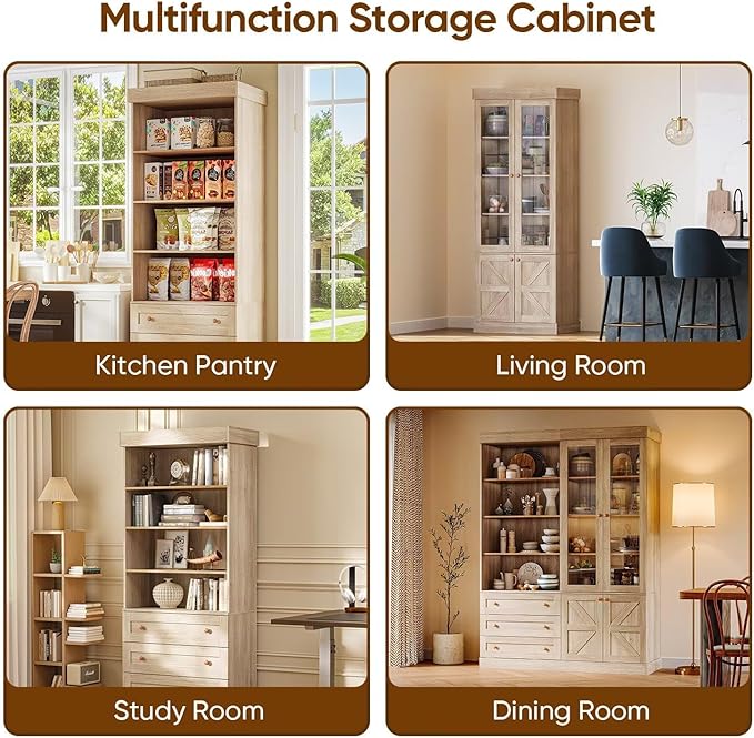 Vyre 71" Tall Farmhouse Bookshelves with Glass Doors, Large Modular Bookcase with Adjustable Shelves, Storage Cabinet for Living Room, Kitchen, Home Office, Brown