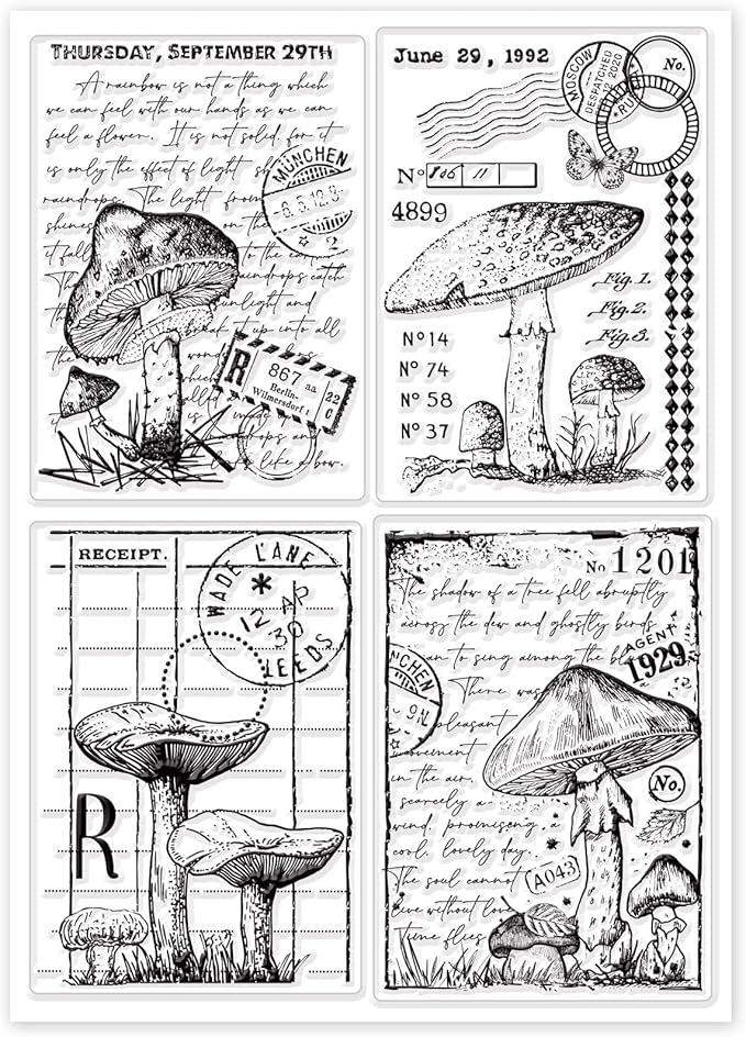 GLOBLELAND Vintage Mushroom Clear Stamps Mushroom Background Silicone Stamp for Card Making Retro Background Transparent Stamps for DIY Scrapbooking Decor 5.83x8.27inch