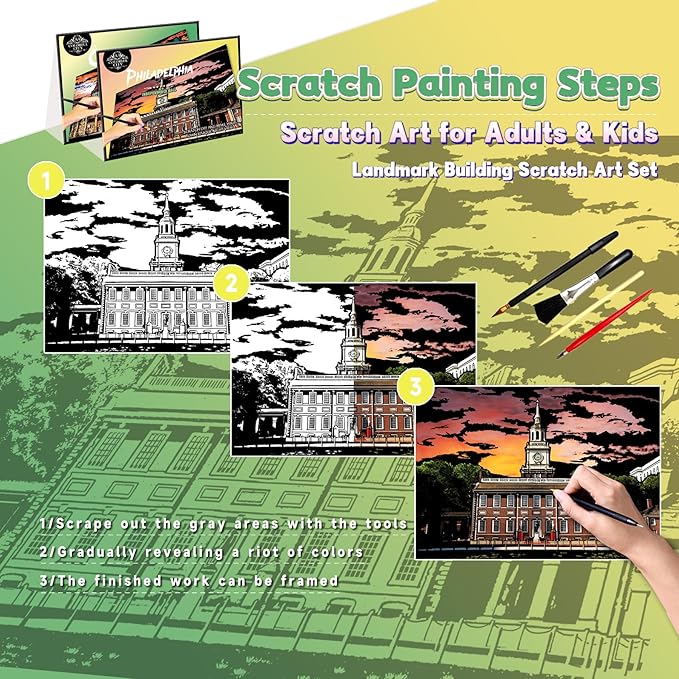 Scratch Art Painting Kit for Adults-8 Sheets A4 Rainbow Scratch Painting Paper Craft Set with City Landmarks|Stress Relief Gift for Travel&Craft Lovers|Scratch Art Home Decor(American Series)