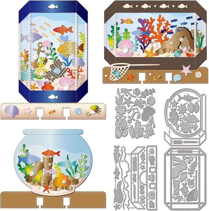 GLOBLELAND Fish Tank Shaker Cutting Dies Coral Shell Metal Die Cuts Water Plants Page Cutting Embossing Templates for Scrapbooking Crafts Paper Cards Making