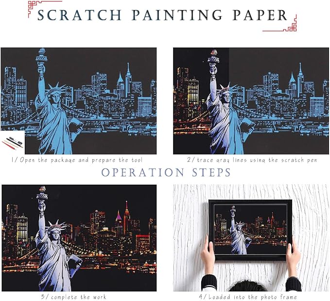 Scratch Rainbow Painting Art Postcards,Scratch & Sketch Art for Kids & Adults,Scratch Painting Creative Gift Engraving Art & Craft Set,Mini Envelope Postcard with 4 Tools,7.9''x5.5''(Classic Series)