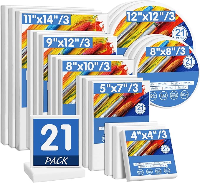 FIXSMITH 21 Pack Stretched Canvases, Multi Pack - 4x4, 5x7, 8x10, 9x12, 11x14, Round Canvas 12x12, 8x8 (3 of Each), 100% Cotton, Primed Canvases for Acrylic, Oil, Wet or Dry Art Media