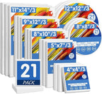 FIXSMITH 21 Pack Stretched Canvases, Multi Pack - 4x4, 5x7, 8x10, 9x12, 11x14, Round Canvas 12x12, 8x8 (3 of Each), 100% Cotton, Primed Canvases for Acrylic, Oil, Wet or Dry Art Media
