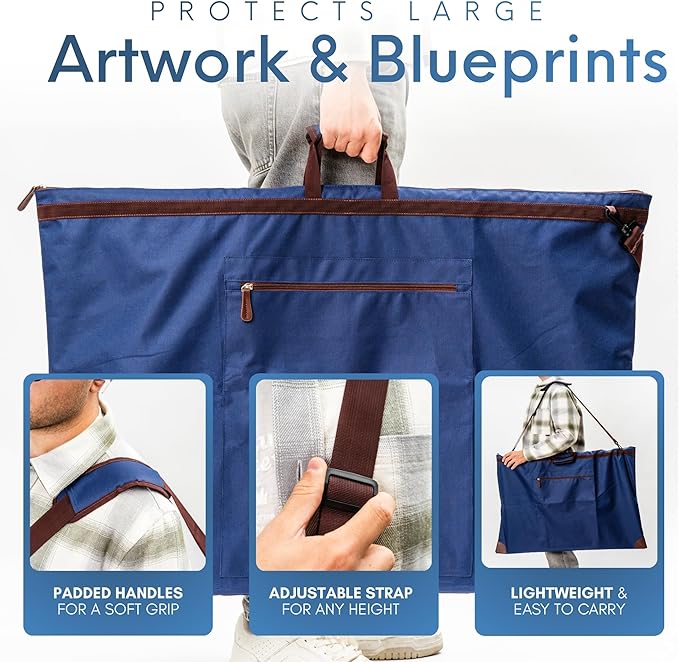 Large 24 x 36 inches Art Portfolio Bag, Fits ARCH D Blueprints, Posters & Art Prints, Waterproof Artist Case with Shoulder Strap, Durable Blue Carrying Tote for Architects, Designers & Students