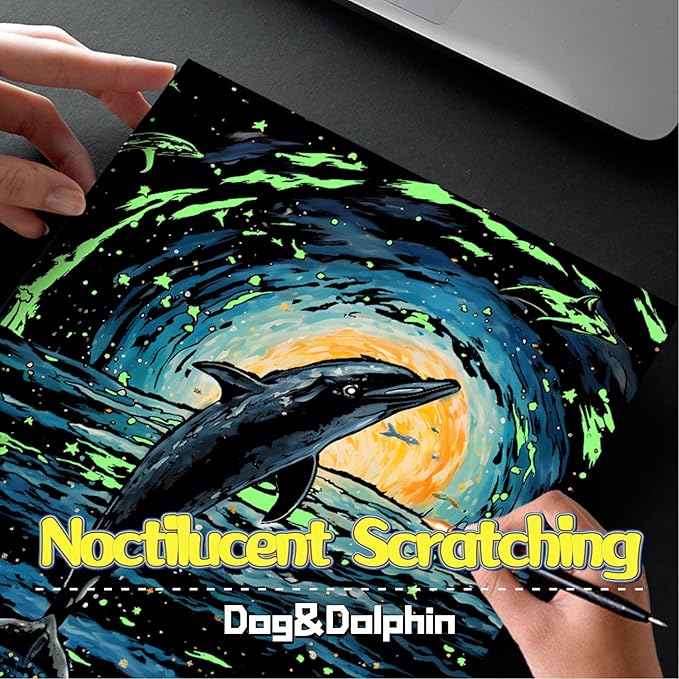 Scratch Painting Art Paper Scratch Art for Adults,Creative DIY Art Craft Gift Scratch Rainbow Painting Luminous Paper Set with 4 Tools 16''x11''(Dolphin&Dog)